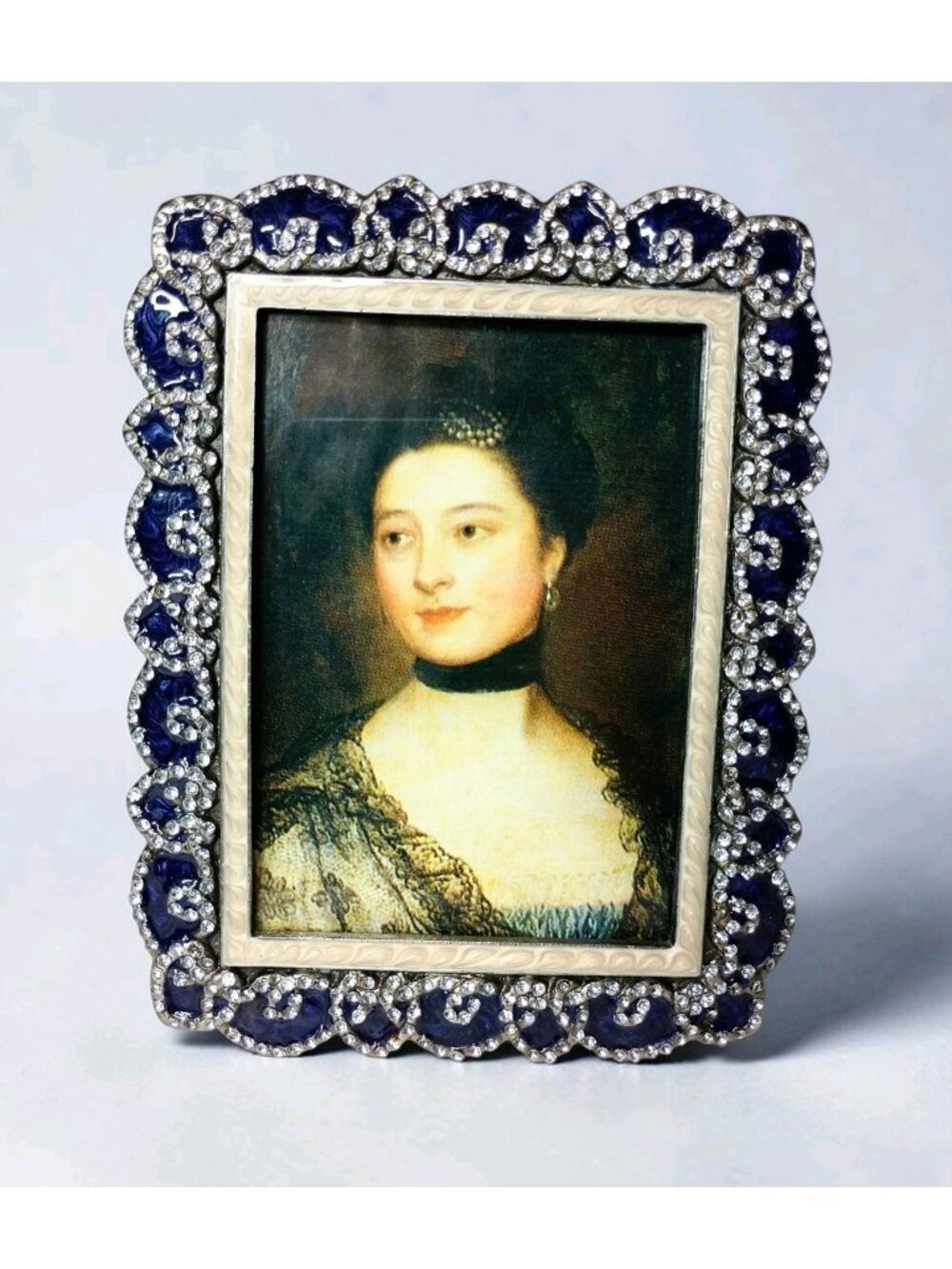 Enamel Rhinestone Metal Photo Picture Frame Victorian Portrait Jewelled Glam Vtg
